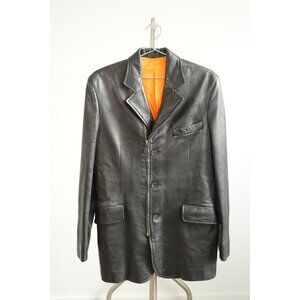Hermes Black Leather 3-Button Blazer Jacket Orange Lining